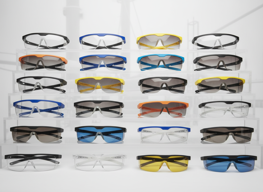 Muitos óculos de proteção alinhados