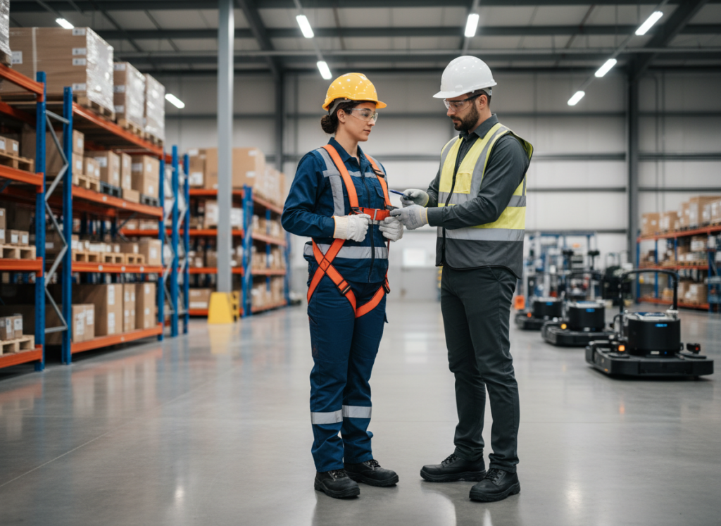 Dois colegas de trabalho vestindo EPI