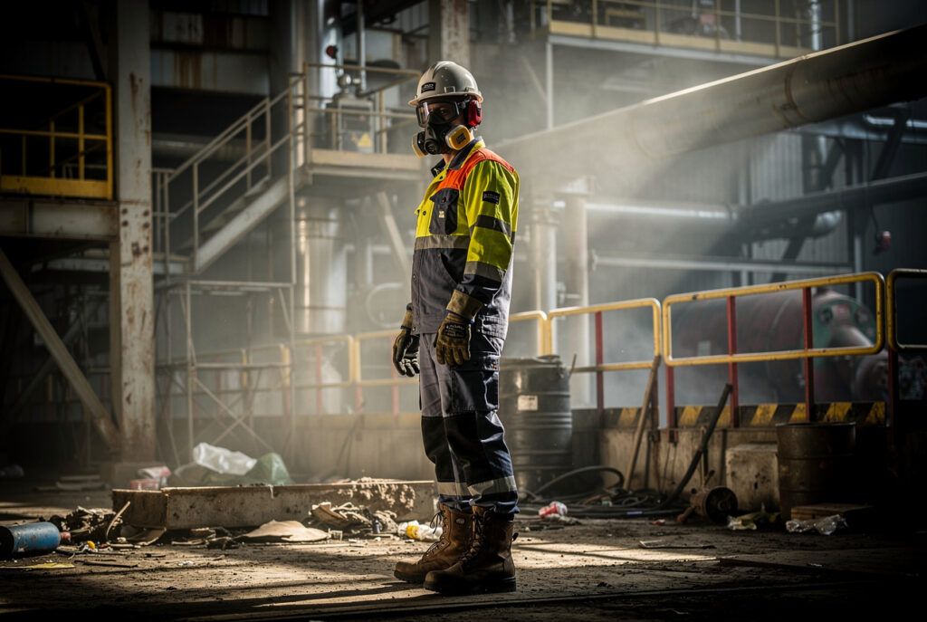 Homem vestindo EPI em um prédio insalubre