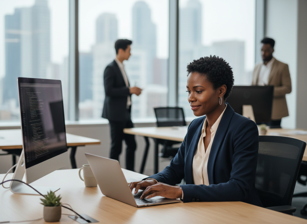 Mulher de negócios escrevendo em um notebook