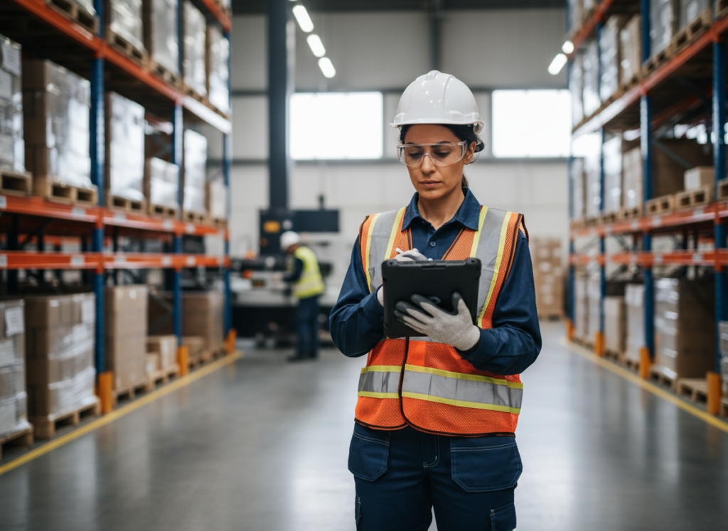 Mulher em estoque anotando em um tablet