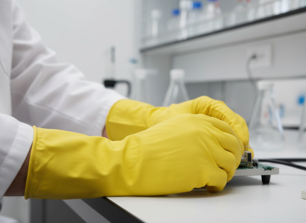 Trabalhador com luvas de proteção amarela