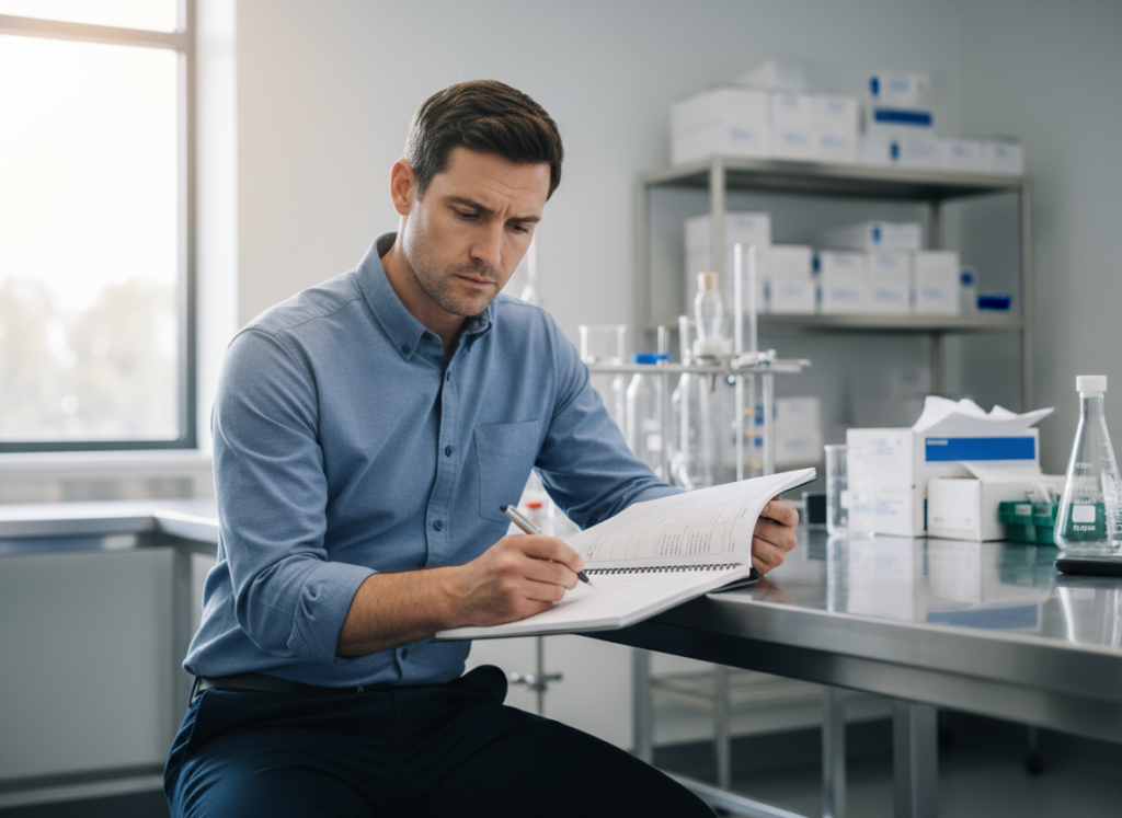 Homem em laboratório escrevendo em um caderno