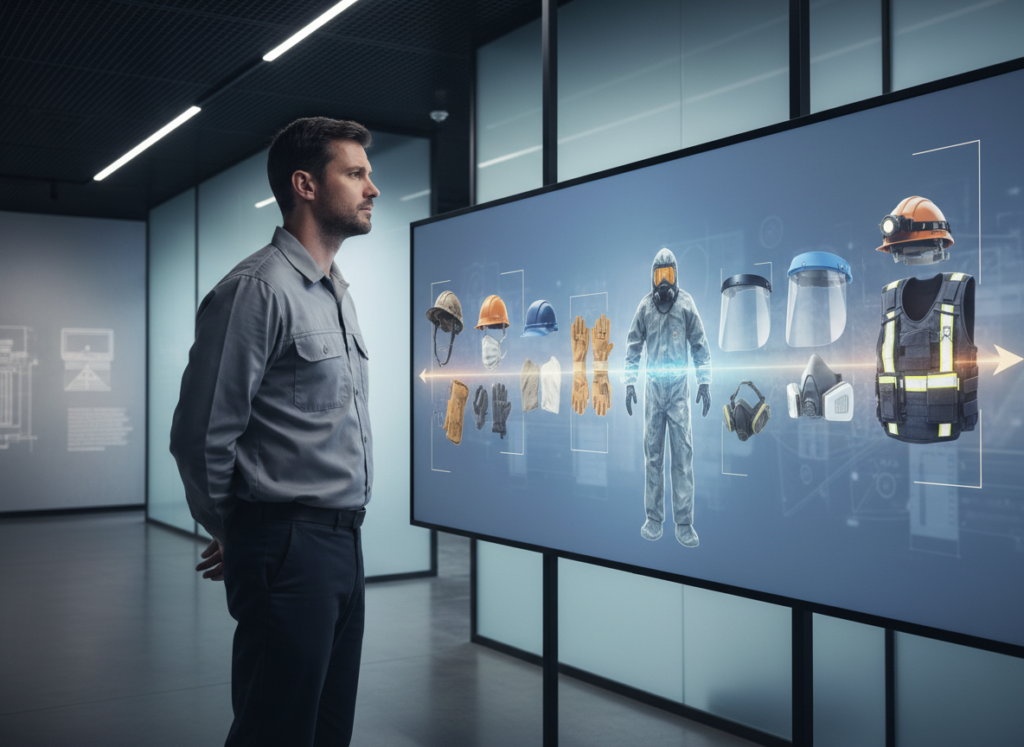 Homem olhando para tela com EPI's