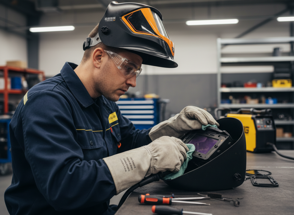 Homem realizando manutenção em máscara para solda