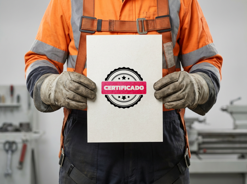 Homem com EPI segurando certificado