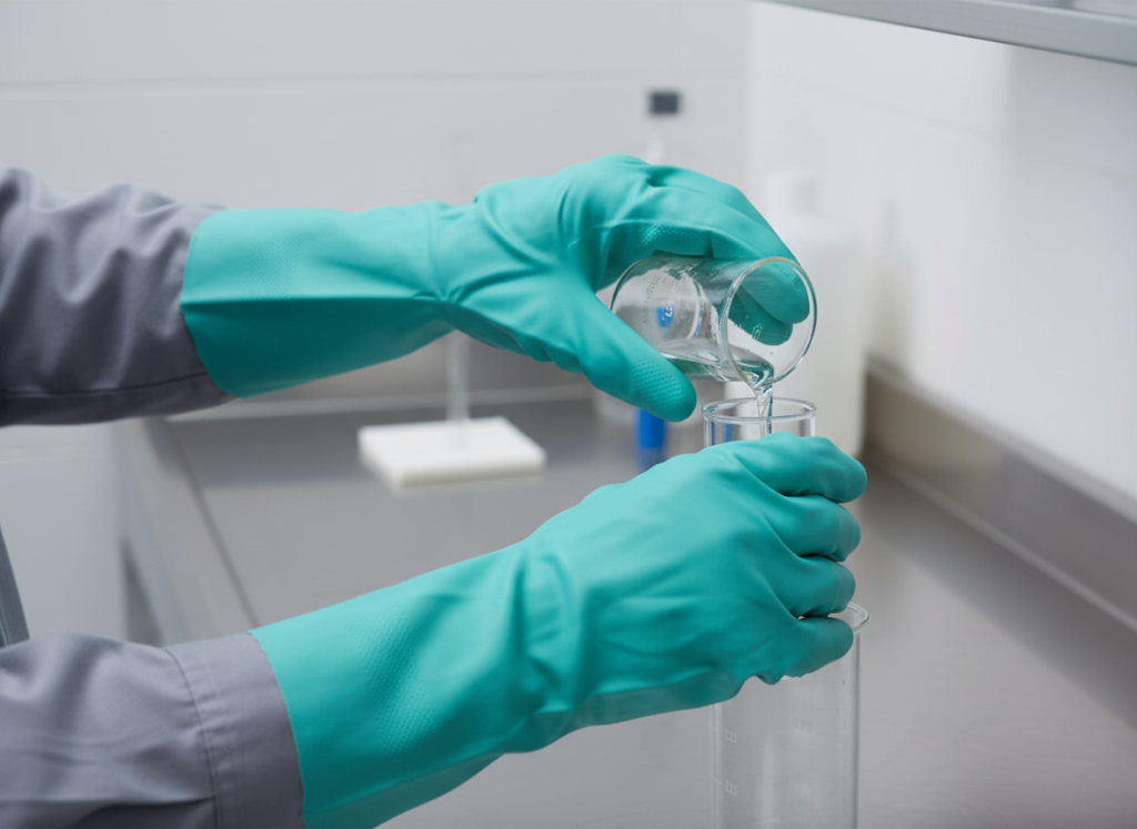Trabalhador utilizando luvas para manusear químicos