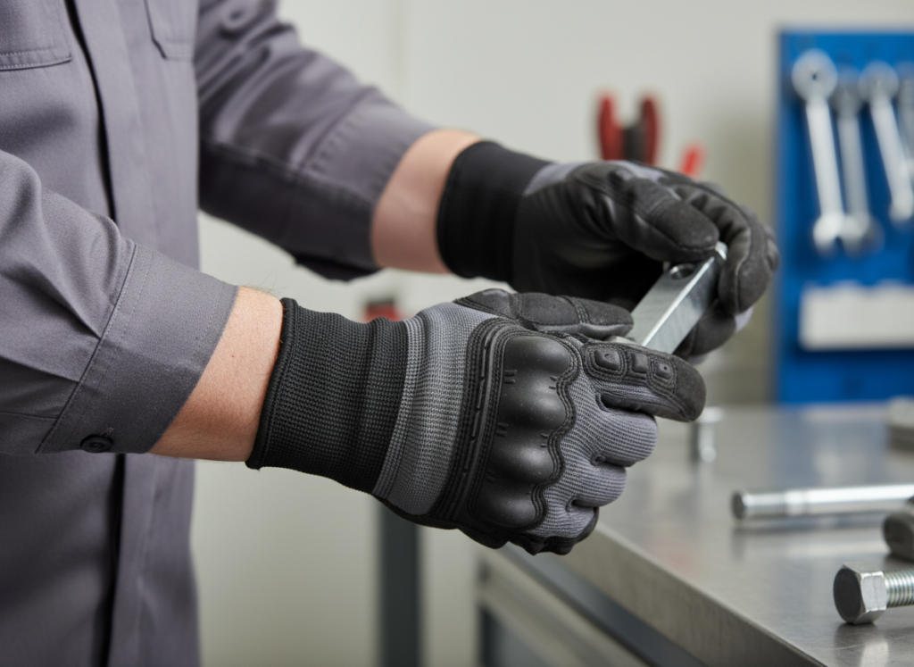 Homem trabalhando com luvas de segurança