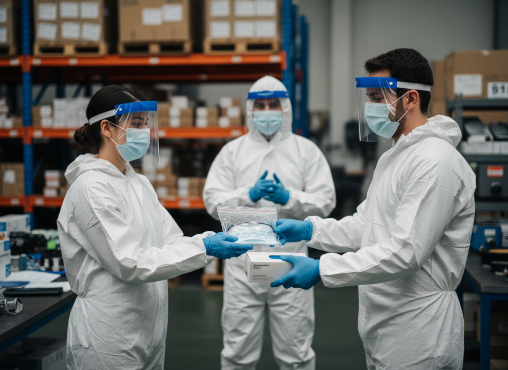 Três colegas de trabalho distribuindo equipamento de segurança