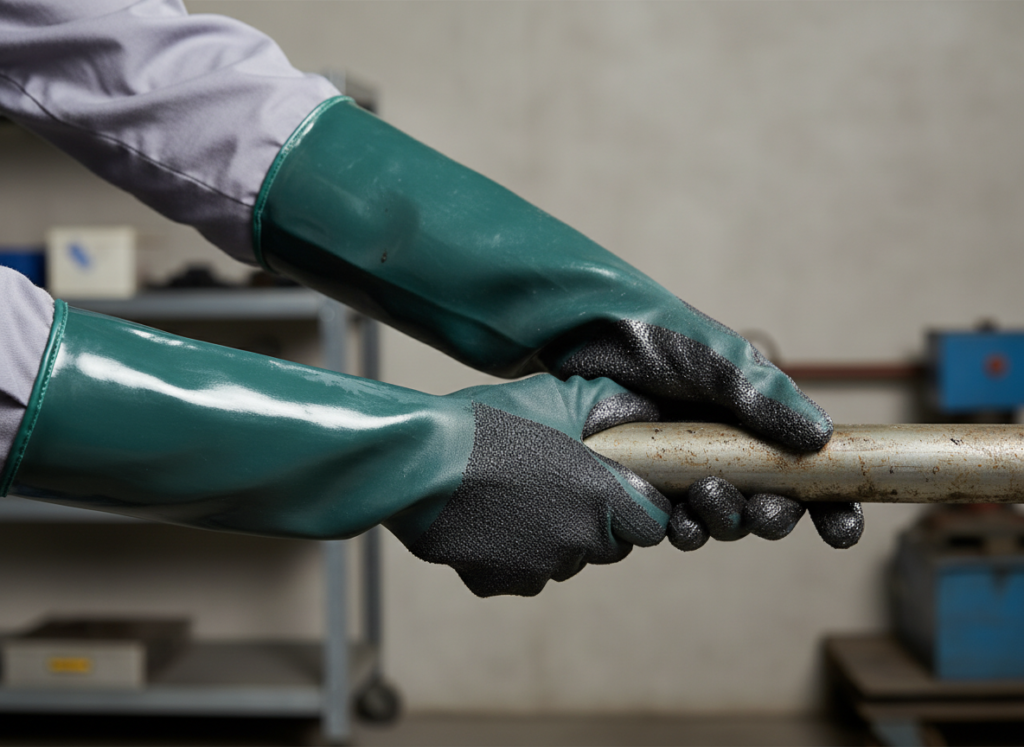 trabalhador com luvas verdes manuseando metal