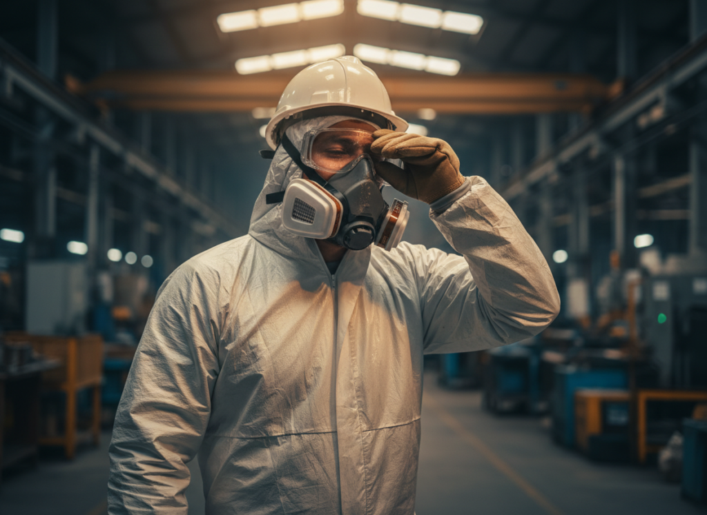 Homem vestindo EPI em todo o corpo