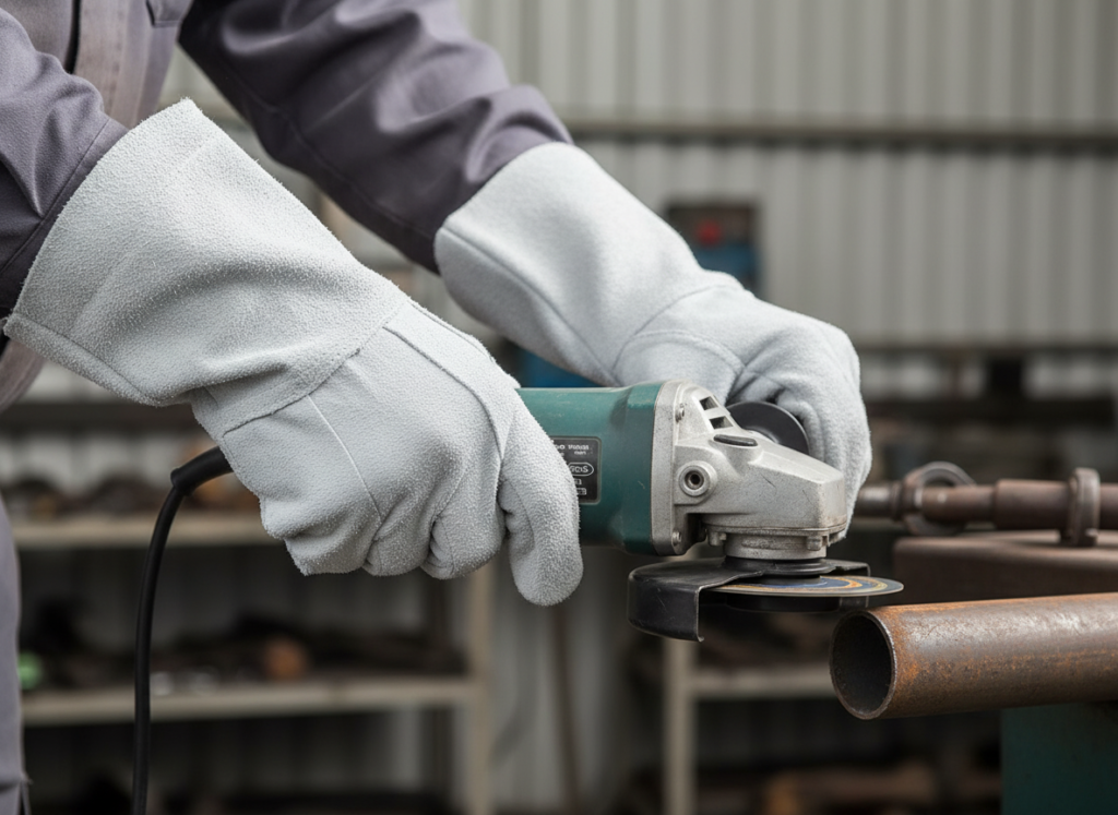 Trabalhador com luvas brancas manuseando ferramenta cortante