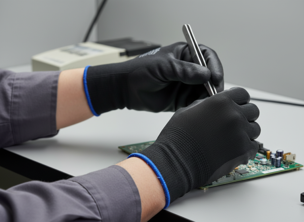 Trabalhador com luvas pretas manuseando ferramentas de precisão