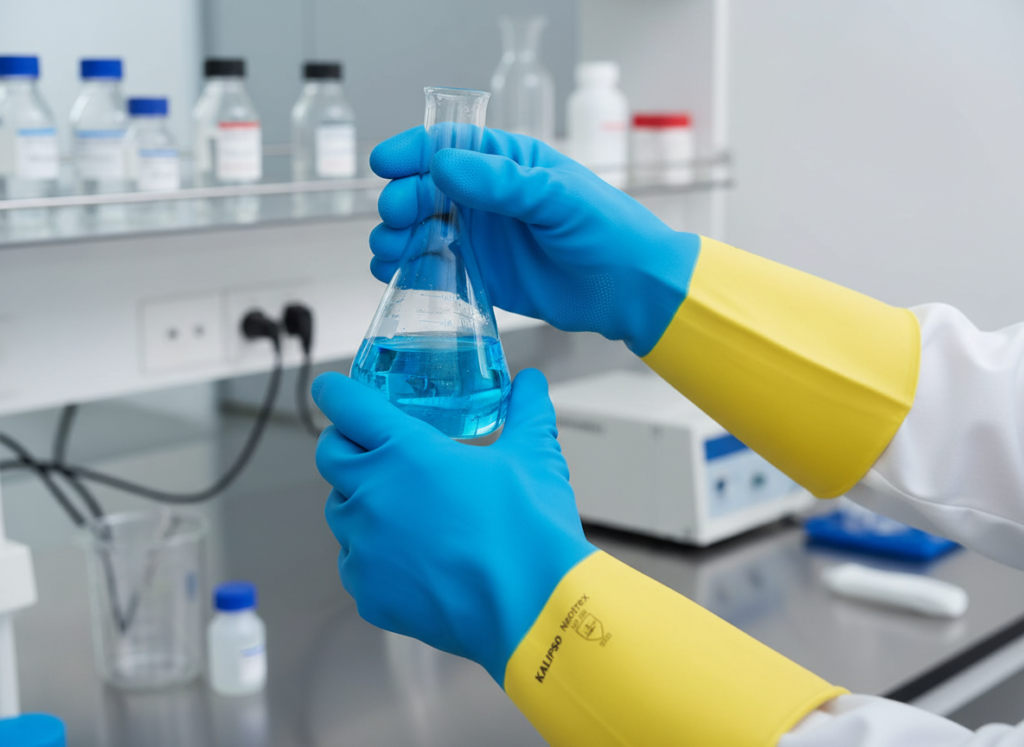 trabalhador com luvas de proteção manuseando químicos