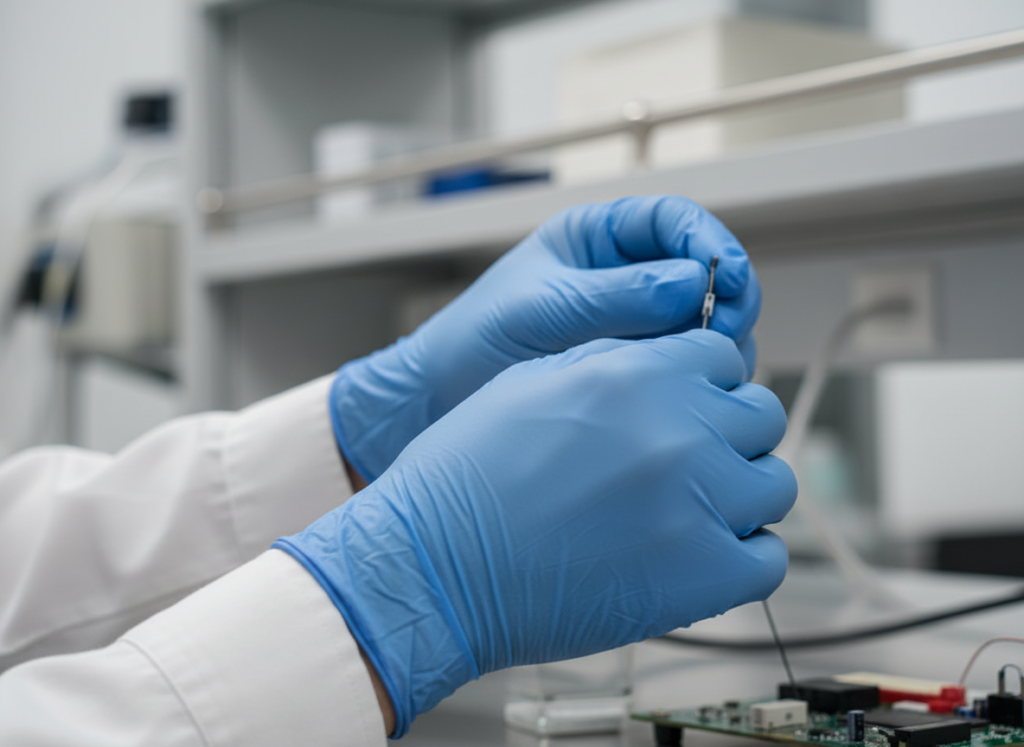 trabalhador com luva de proteção azul