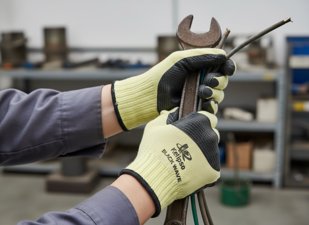 Trabalhador com luvas amarelas manuseando ferramentas e cabos