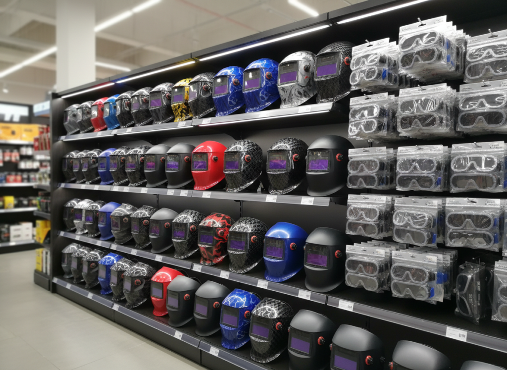 Estante com máscaras e óculos para proteção