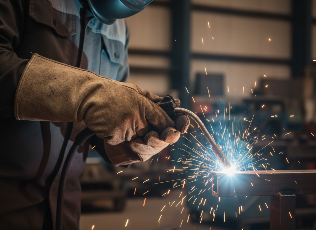 Trabalhador utilizando luvas para se proteger de faíscas