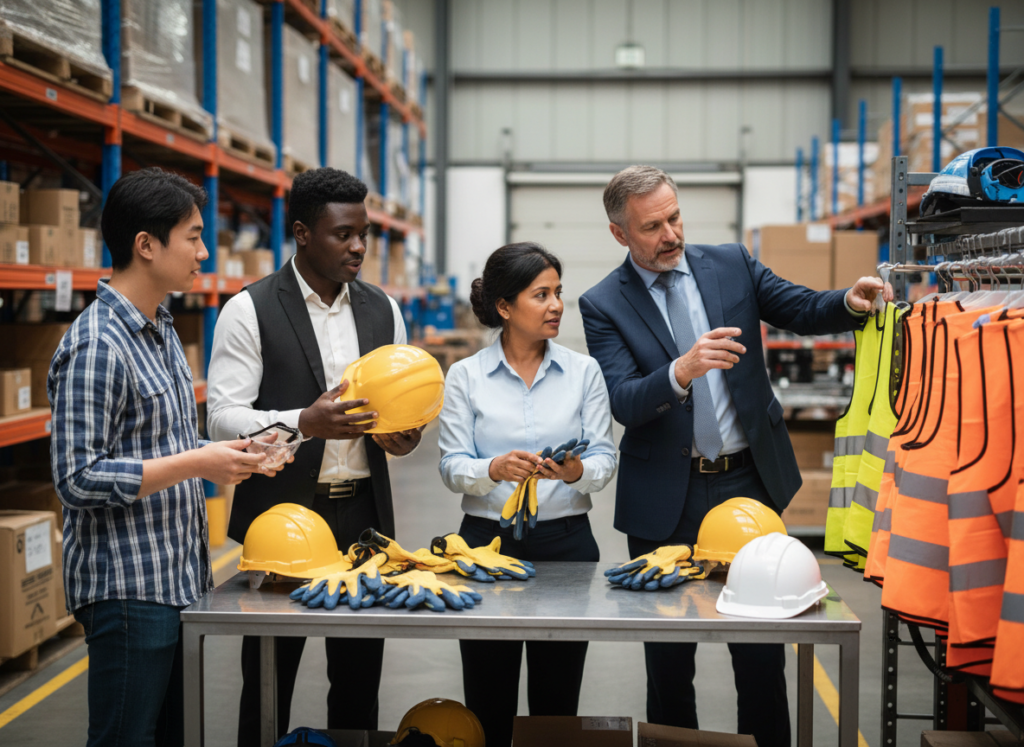 Quatro colegas de trabalho escolhendo equipamento de segurança