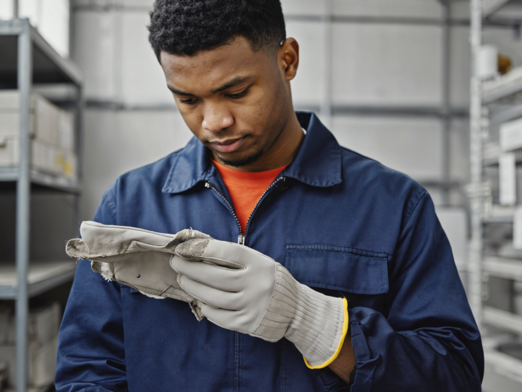 Homem olhando para luva de segurança