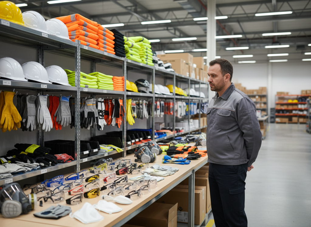 Homem observando variedades de equipamento de segurança