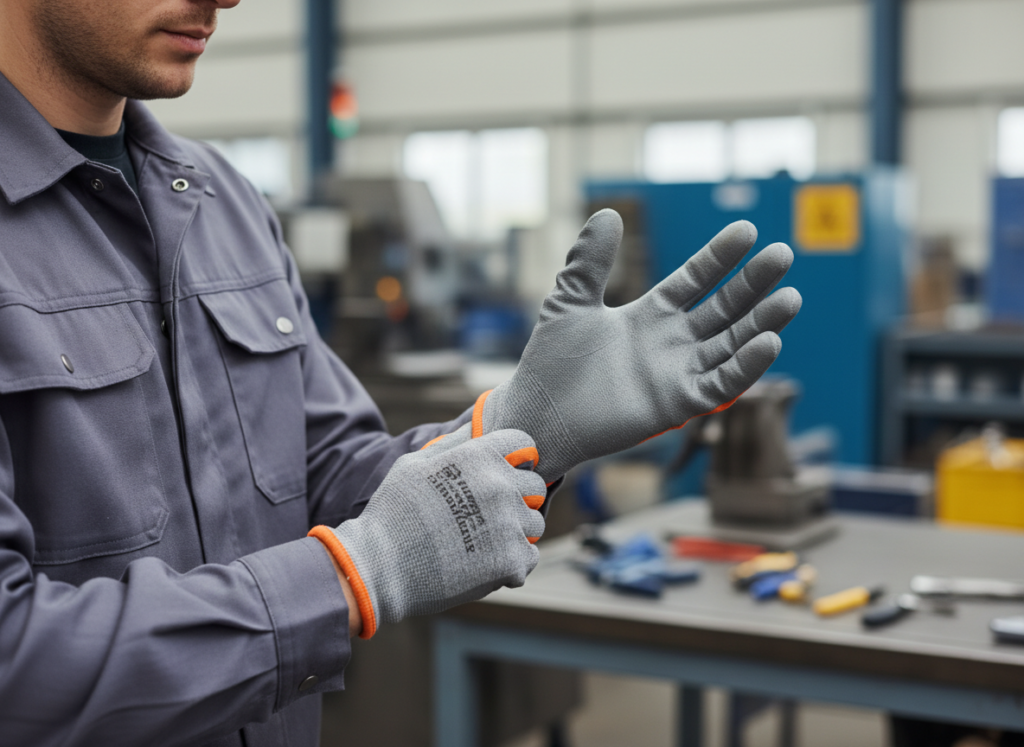 Homem vestindo luvas de segurança