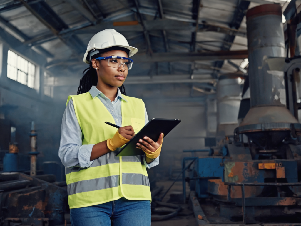 Mulher vestindo EPI e anotando em uma prancheta