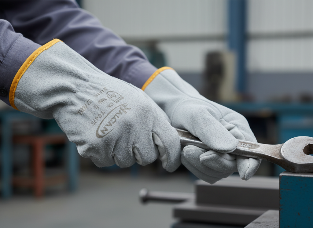 Trabalhador com luvas cinzas manuseando ferramentas