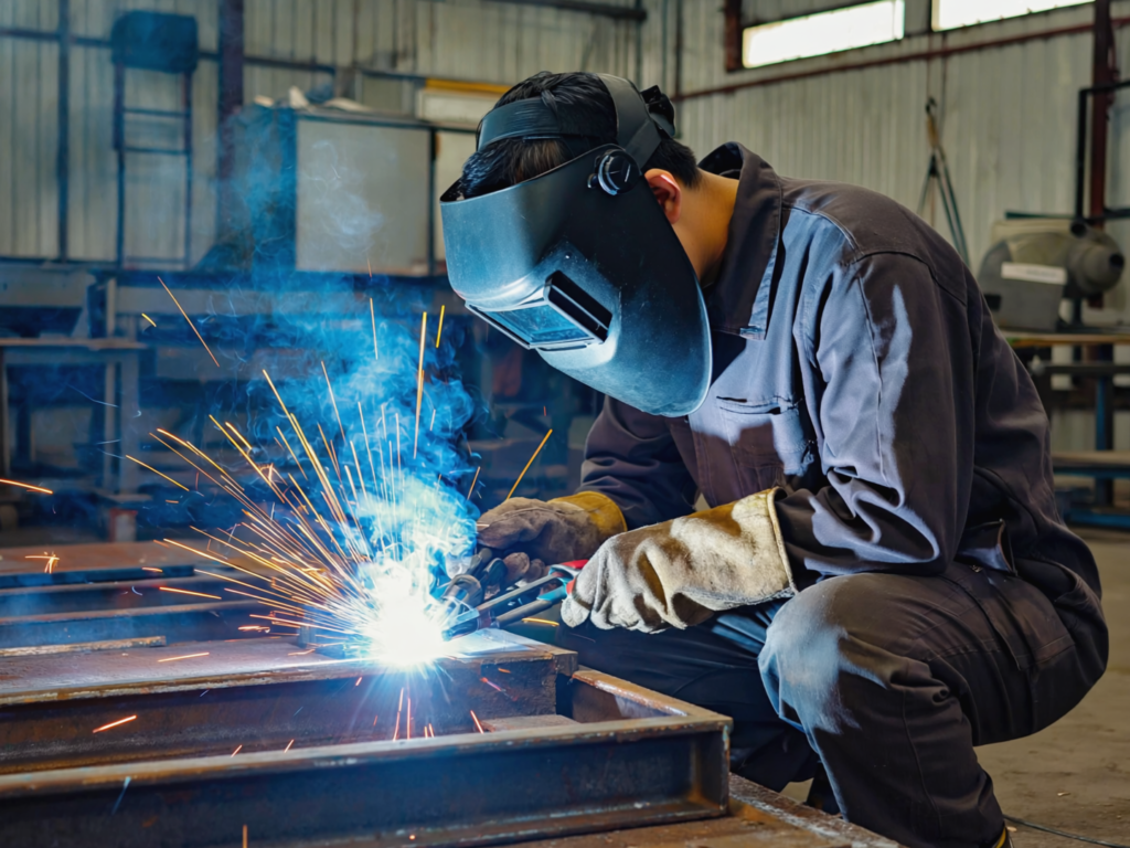 Homem derretendo metal vestindo EPI