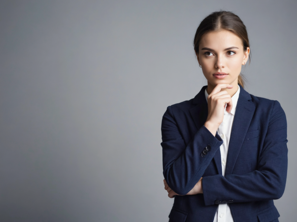 Mulher de terno com expressão pensativa