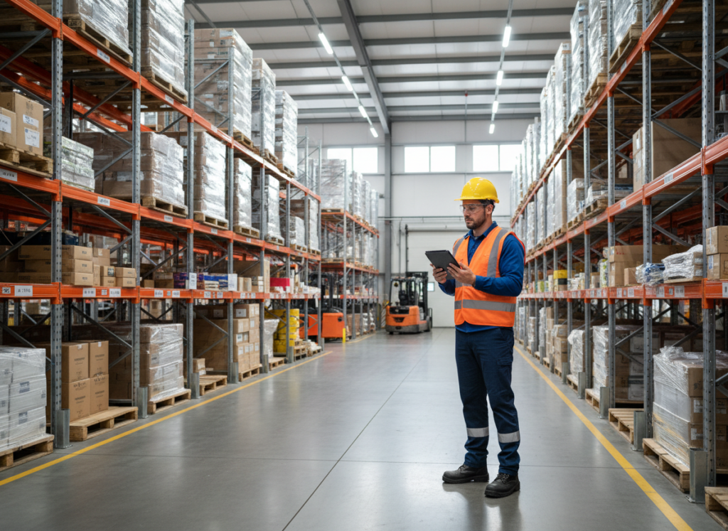 Trabalhador em estoque mexendo no rádio
