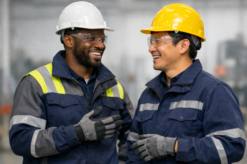Dois colegas de trabalho utilizando EPI e conversando