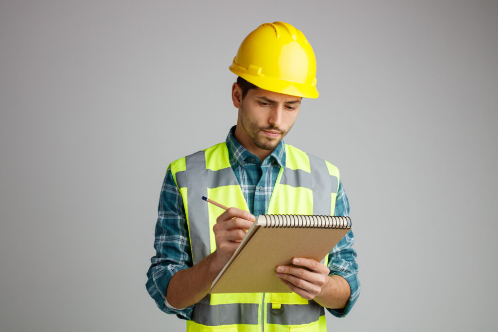 Trabalhador concentrado usando EPI e anotando em uma prancheta